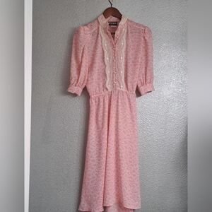 Vintage Pink & White Semi Sheer Midi Dress  Size 6